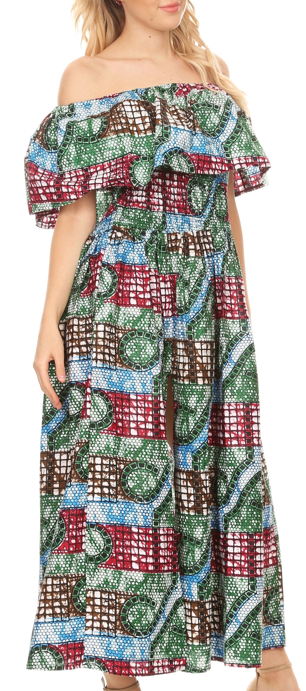 Sakkas Buhle Ruffle Off-shoulder Long Dress Wax African Ankara Dutch Print
