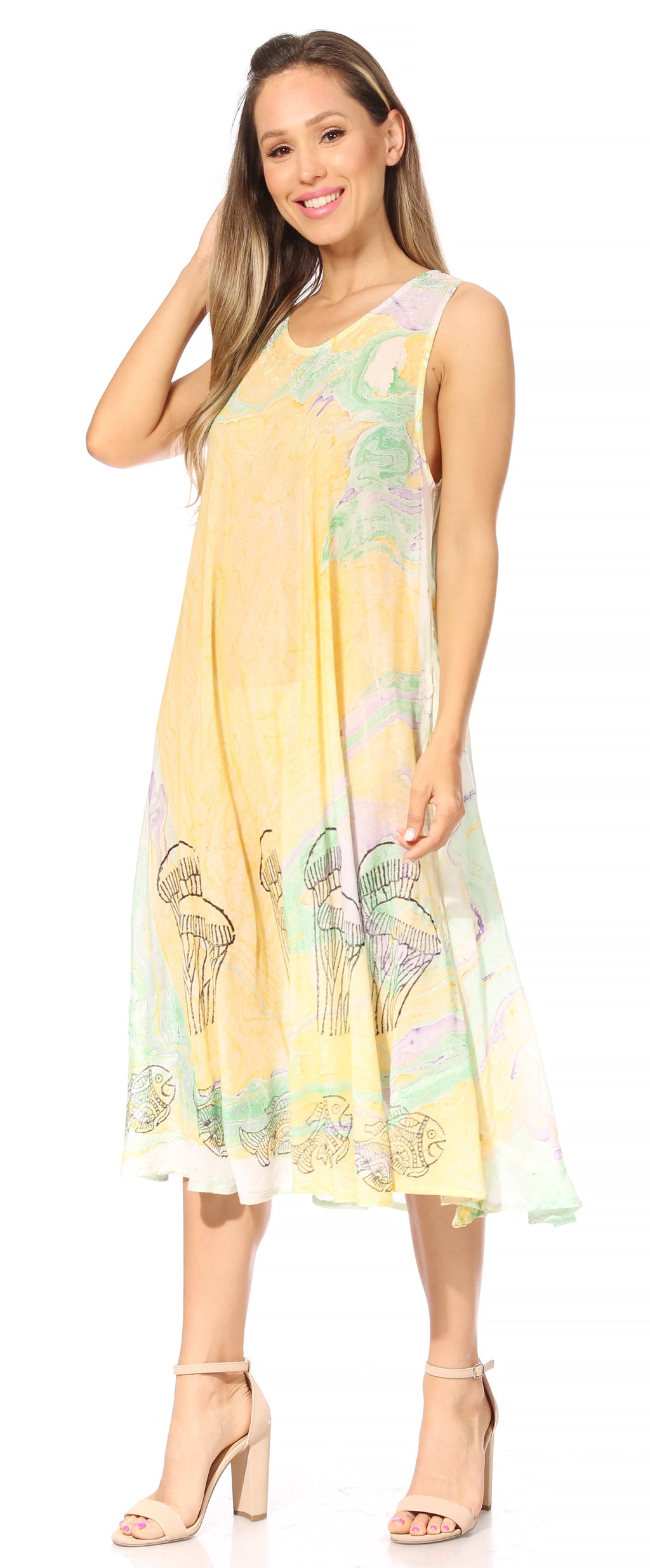 Sakkas Mara Women's Casual Sleeveless Tank Flare Midi Boho Batik Dress Cover-up