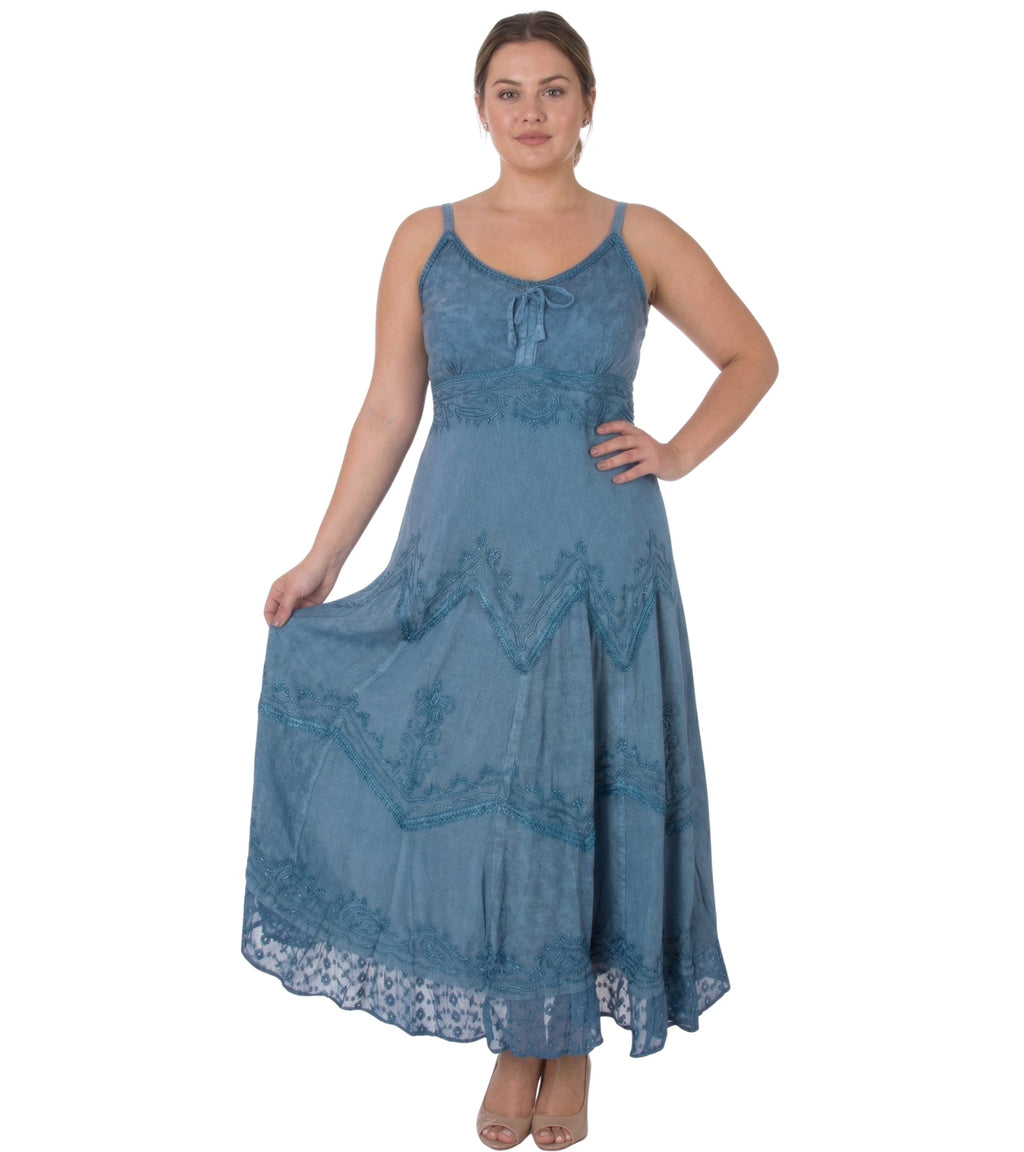 Sakkas Stonewashed Rayon Embroidered Adjustable Spaghetti Straps Long Dress