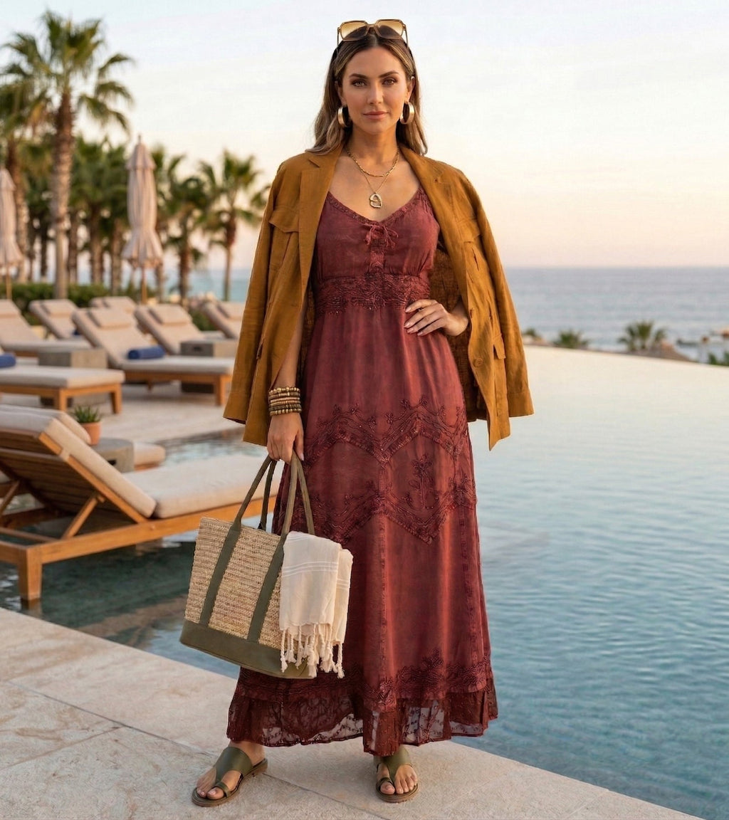 Sakkas Stonewashed Rayon Embroidered Adjustable Spaghetti Straps Long Dress