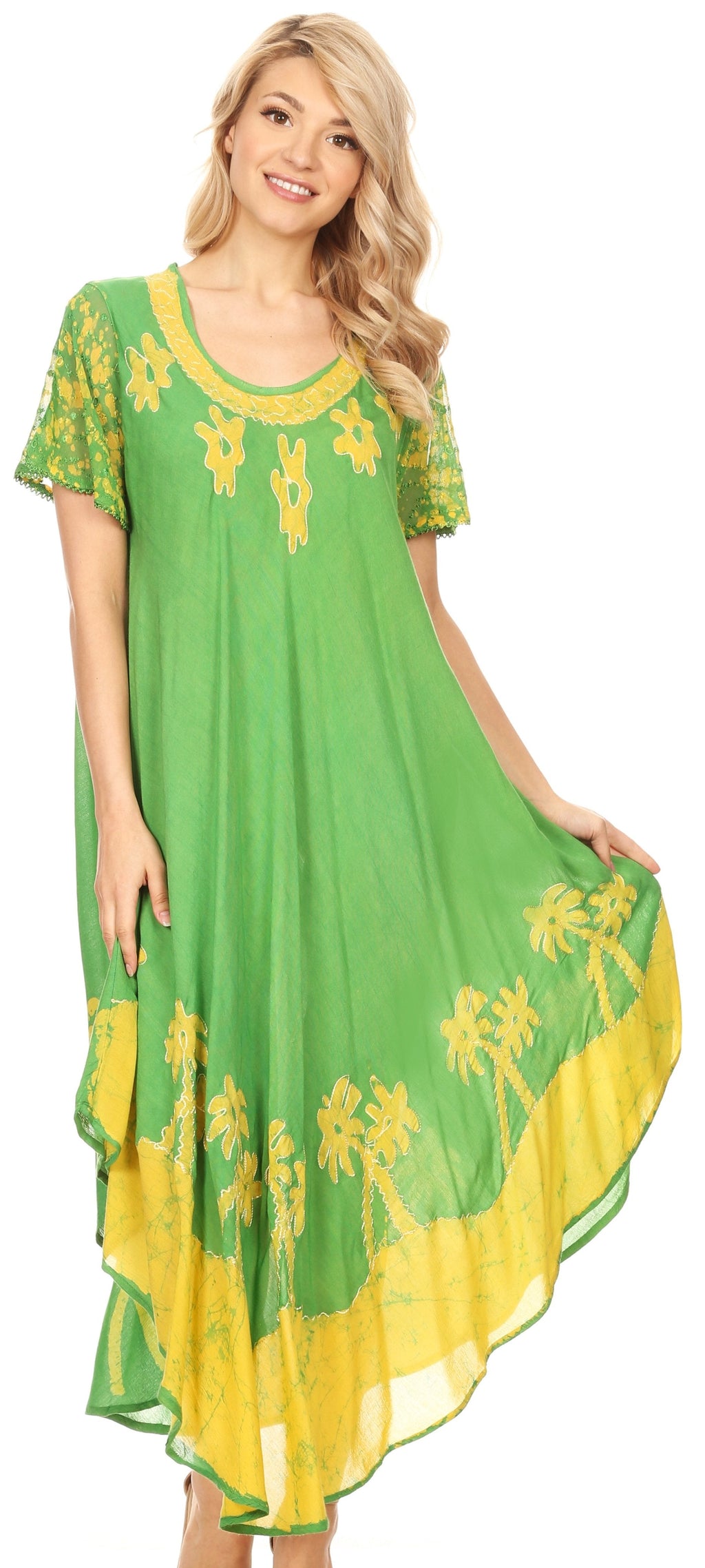 Sakkas Batik Palm Tree Cap Sleeve Caftan Dress / Cover Up