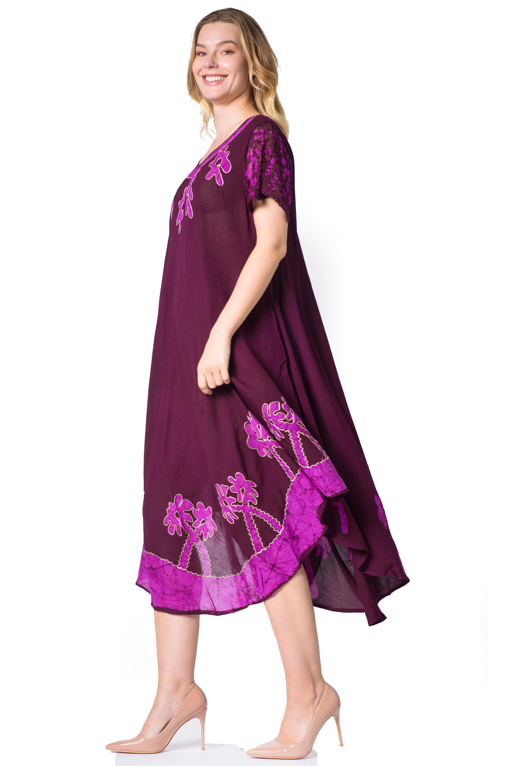 Sakkas Batik Palm Tree Cap Sleeve Caftan Dress / Cover Up