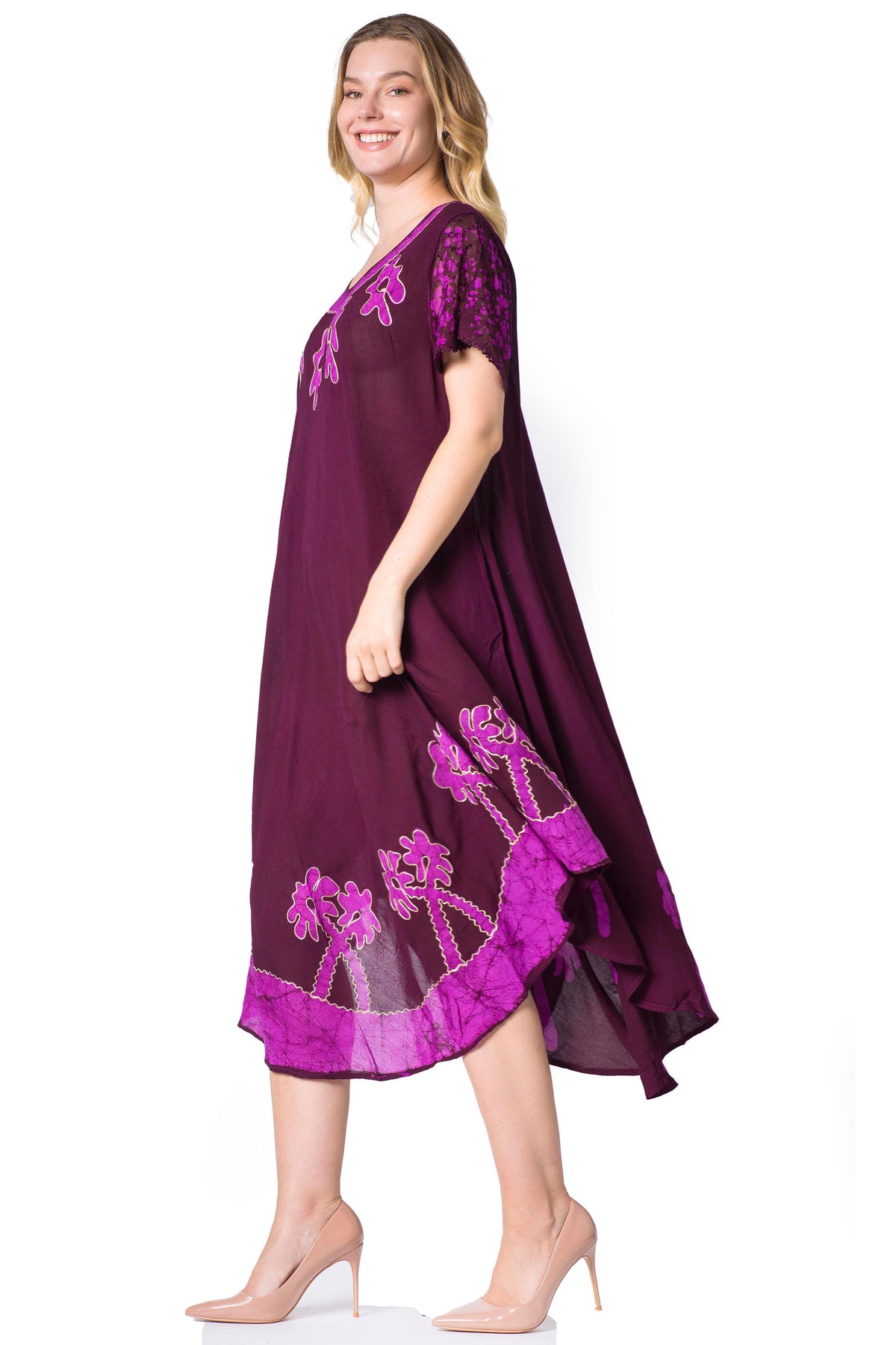 Sakkas Batik Palm Tree Cap Sleeve Caftan Dress / Cover Up