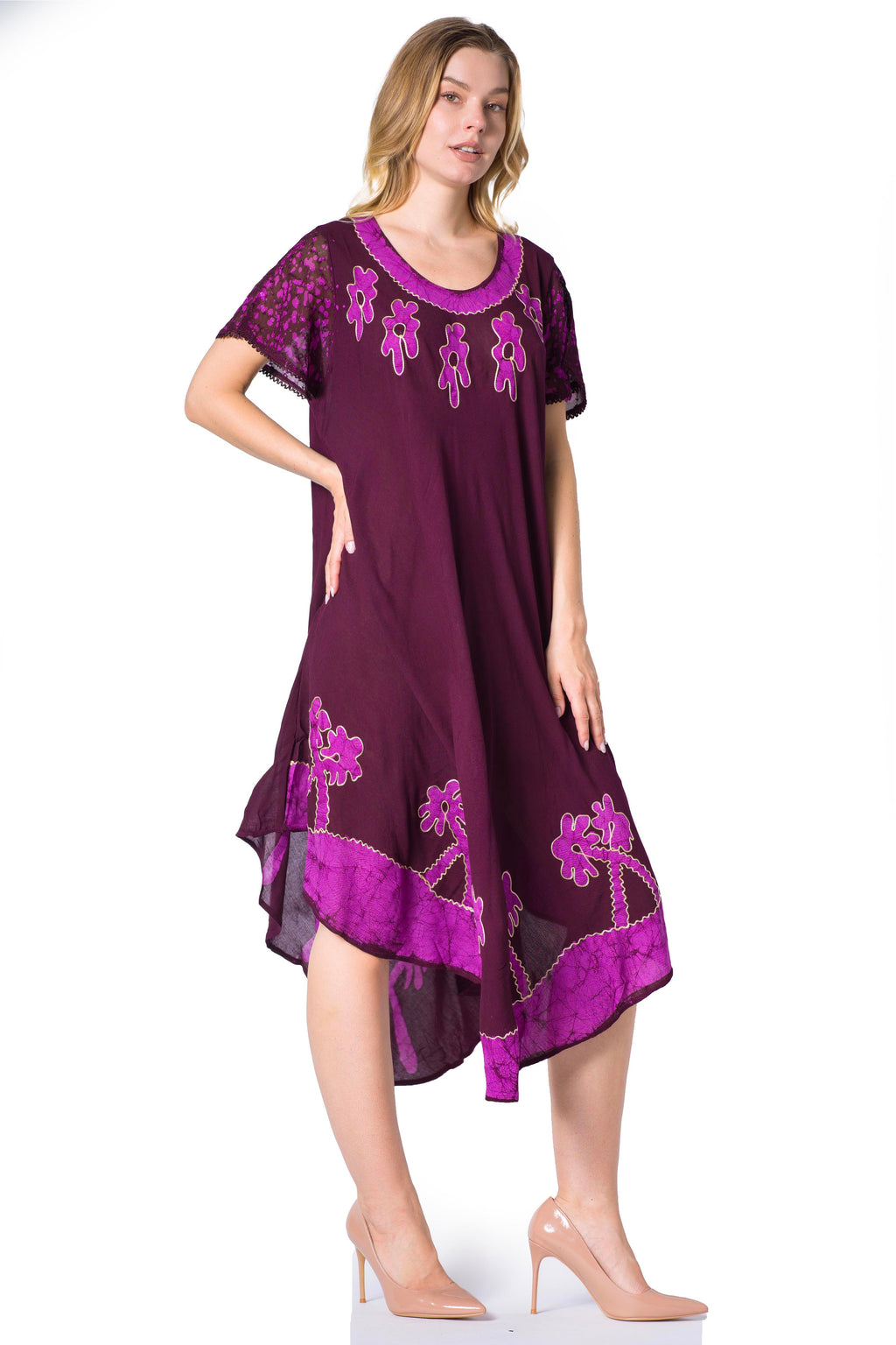 Sakkas Batik Palm Tree Cap Sleeve Caftan Dress / Cover Up