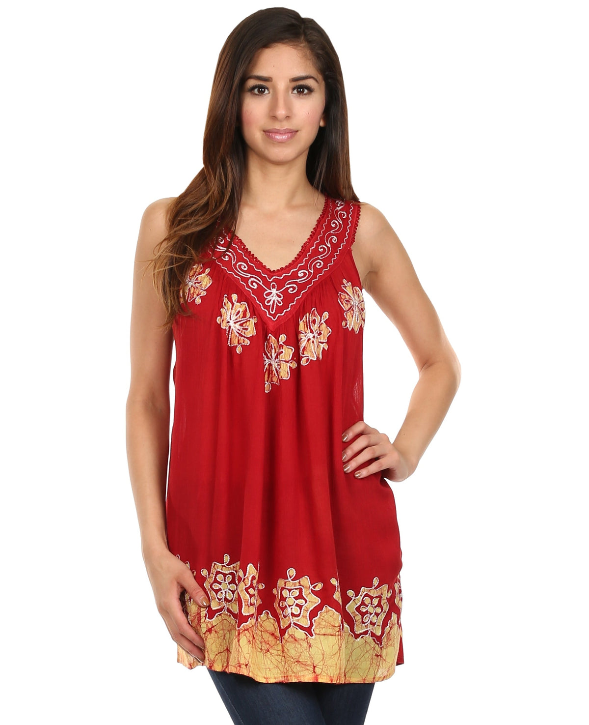 Sakkas Batik Embroidered V-Neck Sleeveless Blouse
