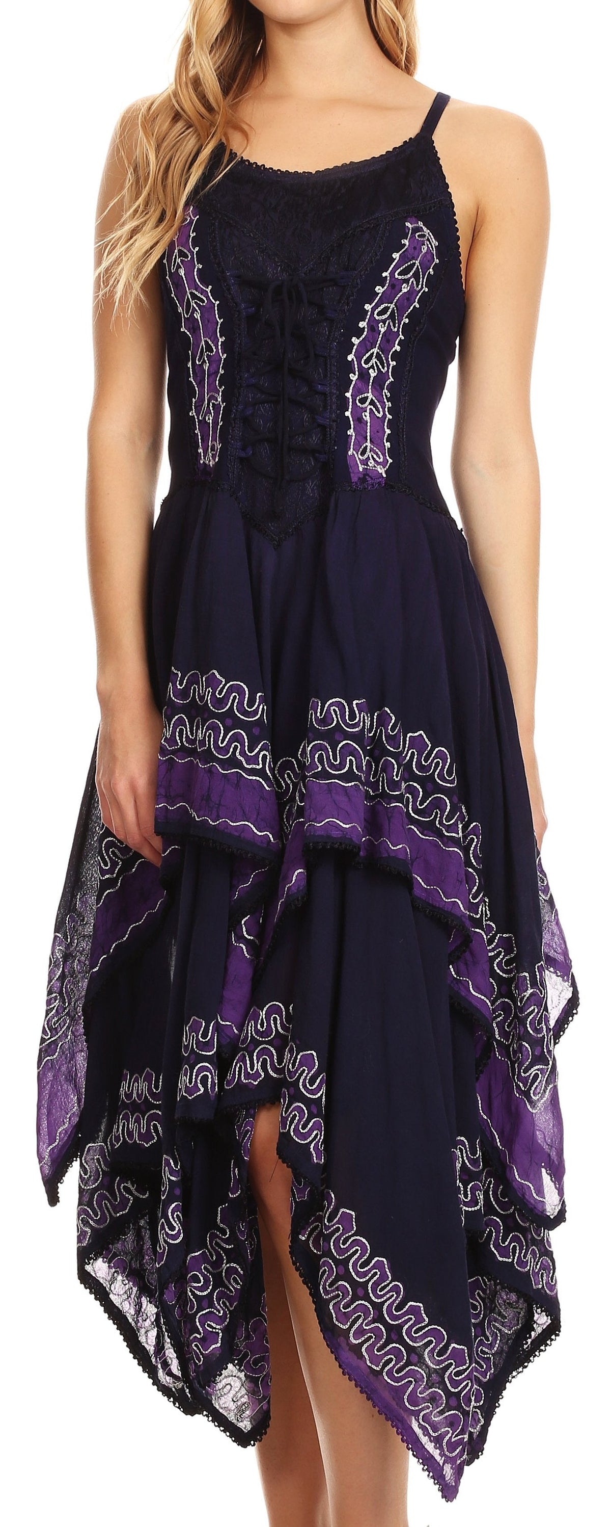 Sakkas Batik Corset Style Bodice Handkerchief Hem Dress