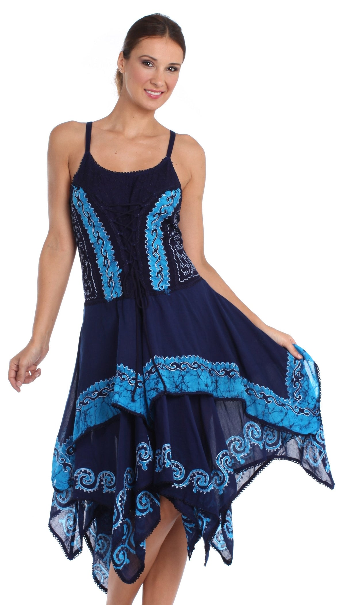 Sakkas Batik Corset Style Bodice Handkerchief Hem Dress