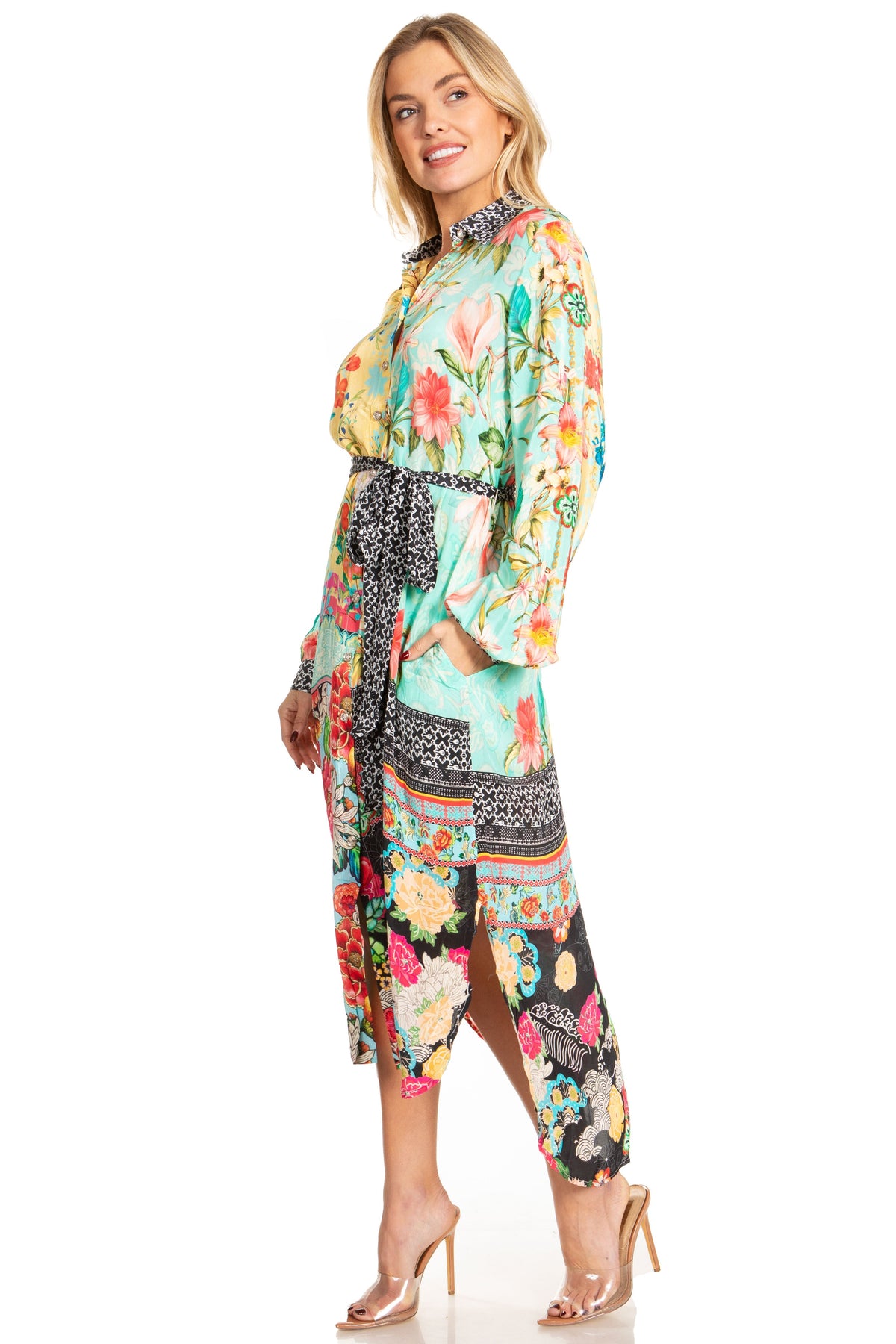 Sakkas Rina Women's Floral Print Maxi Dress with Long Sleeves and Flounce Shirt Design