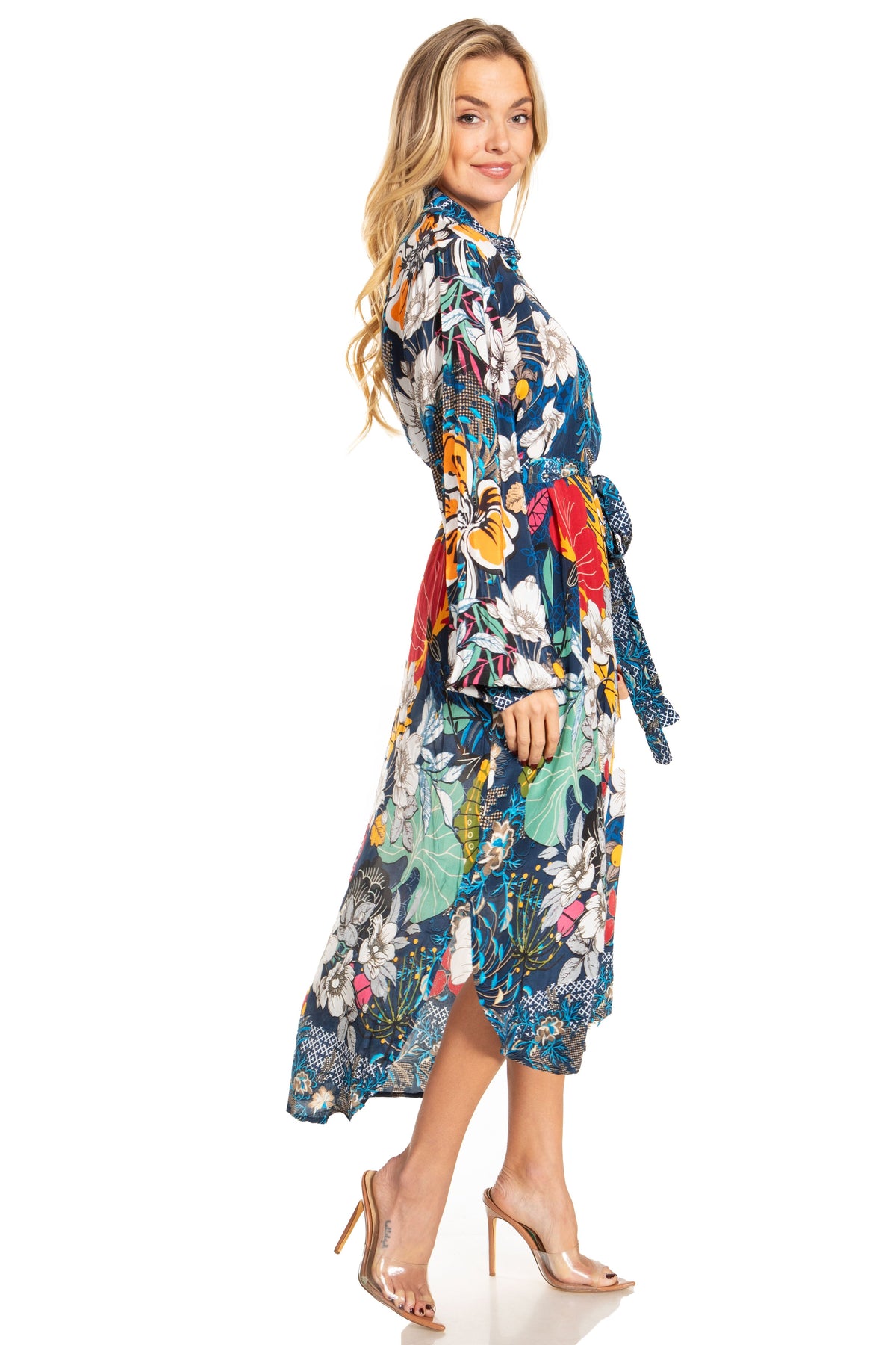 Sakkas Rina Women's Floral Print Maxi Dress with Long Sleeves and Flounce Shirt Design