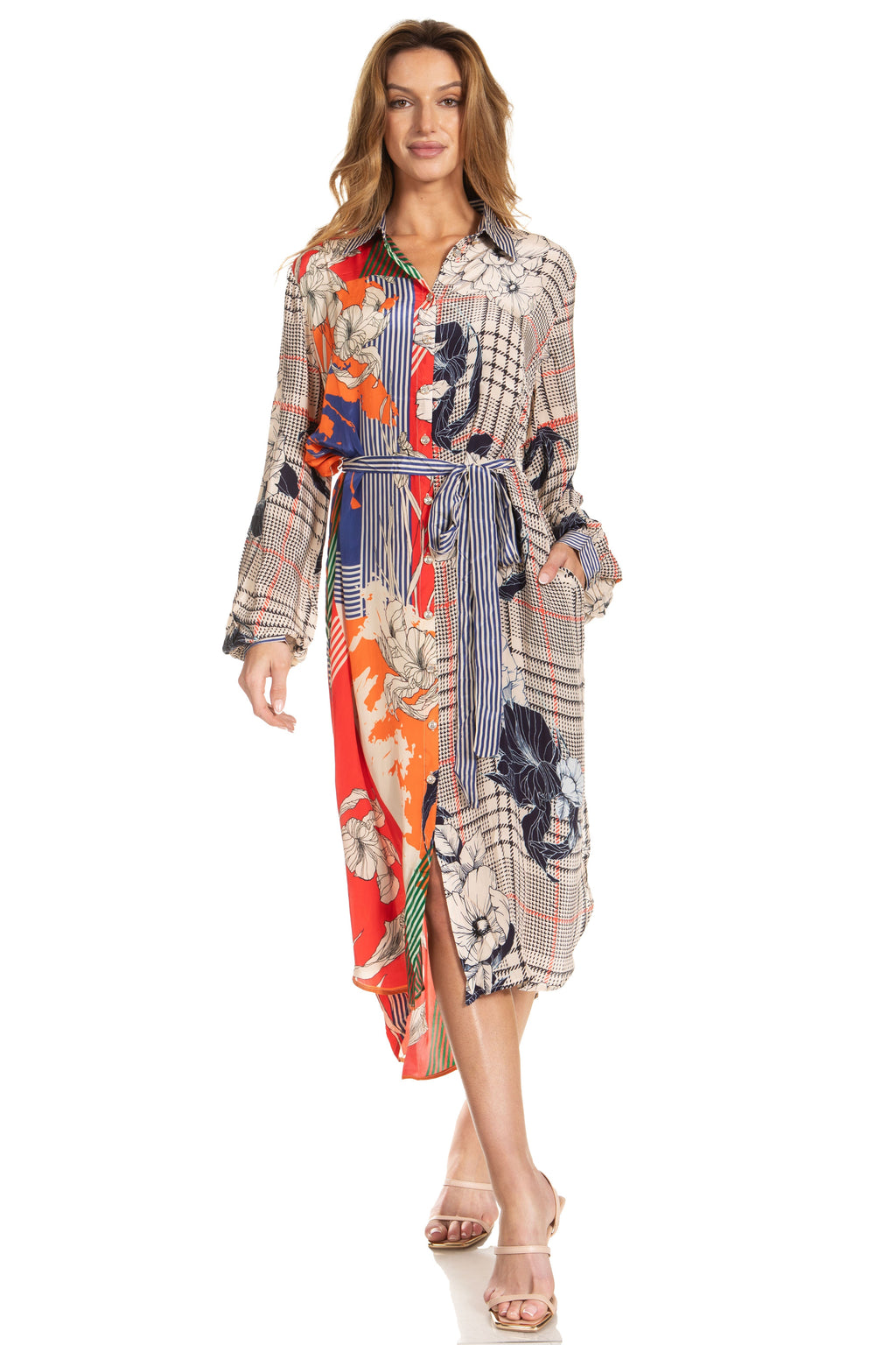 Sakkas Rina Women's Floral Print Maxi Dress with Long Sleeves and Flounce Shirt Design