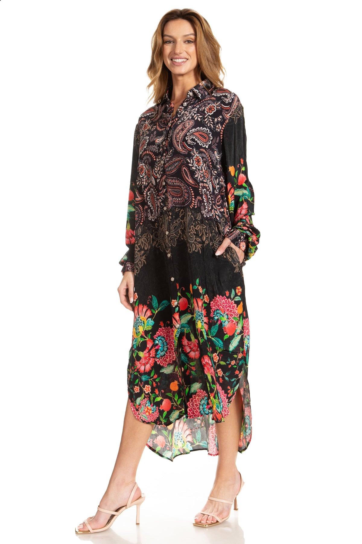 Sakkas Rina Women's Floral Print Maxi Dress with Long Sleeves and Flounce Shirt Design