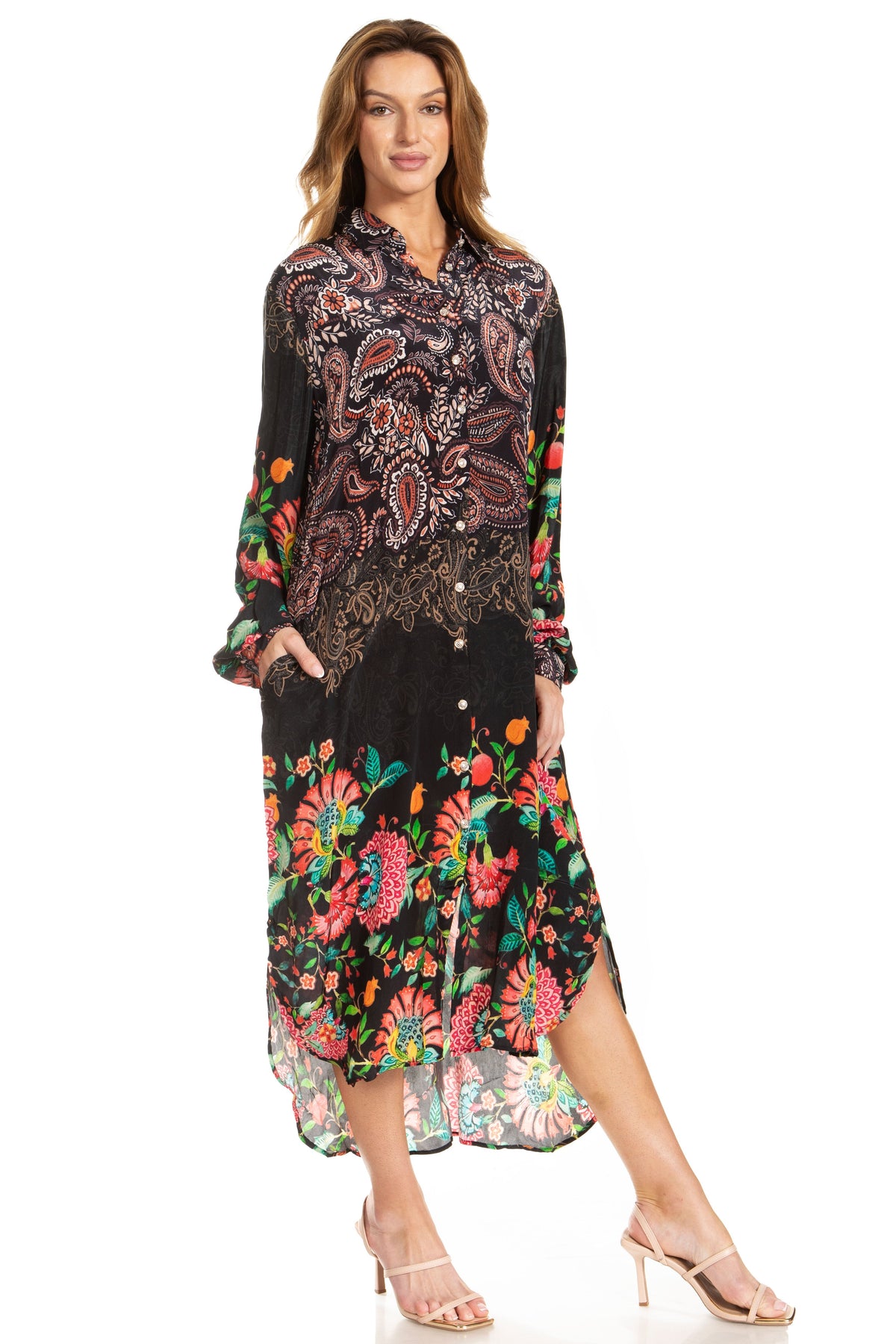 Sakkas Rina Women's Floral Print Maxi Dress with Long Sleeves and Flounce Shirt Design