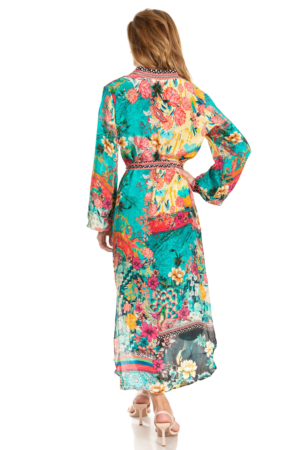Sakkas Rina Women's Floral Print Maxi Dress with Long Sleeves and Flounce Shirt Design