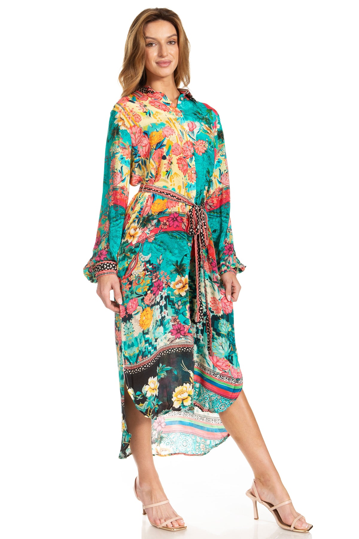 Sakkas Rina Women's Floral Print Maxi Dress with Long Sleeves and Flounce Shirt Design