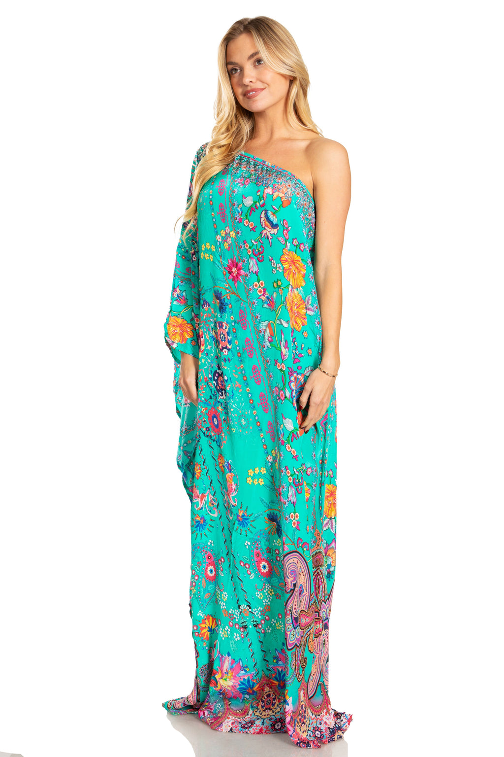 Sakkas Dora Women's One Shoulder Short Sleeve Casual Elegant Maxi Dress with Print