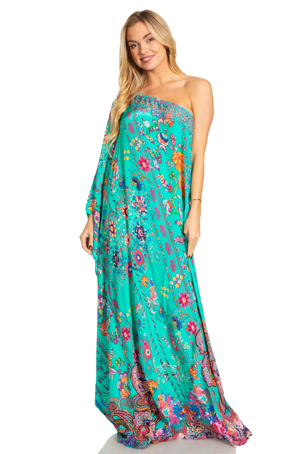 Sakkas Dora Women's One Shoulder Short Sleeve Casual Elegant Maxi Dress with Print
