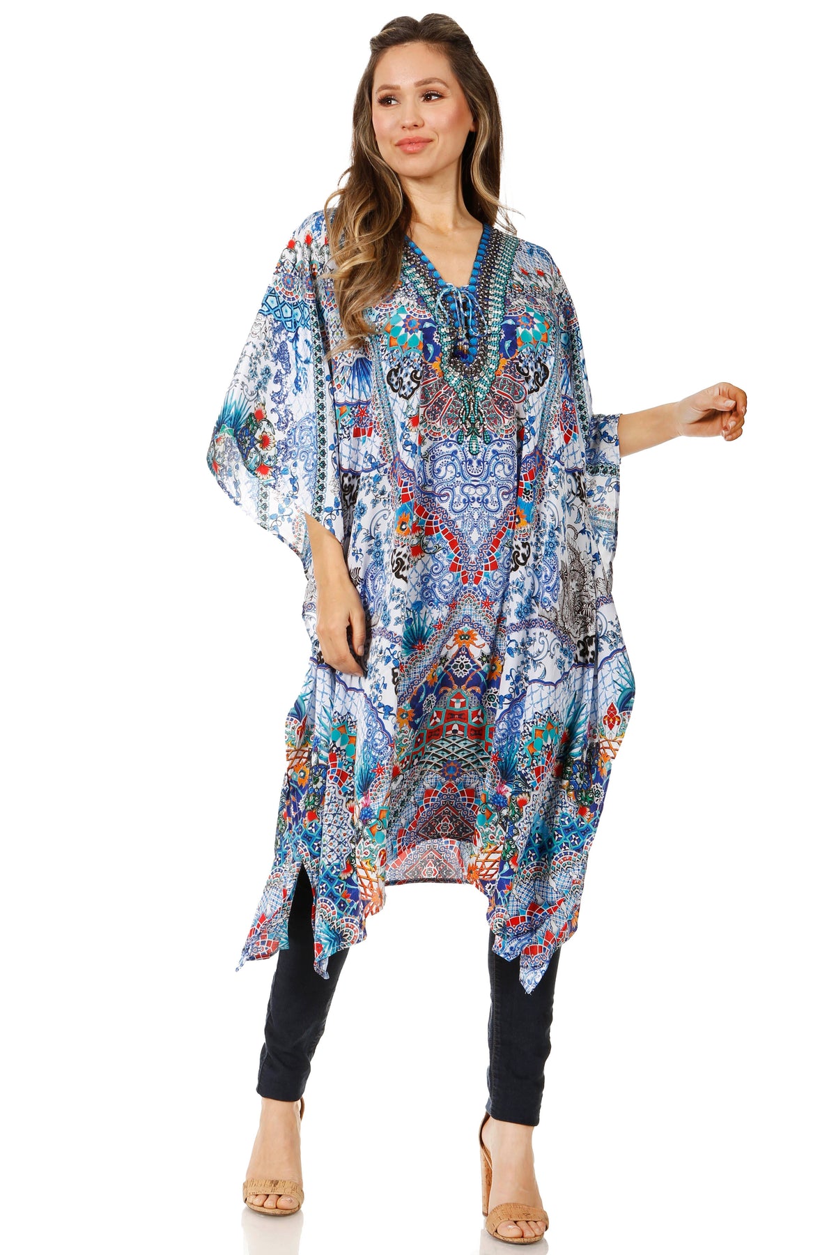 Sakkas Zeni Women's Short sleeve V-neck Summer Floral Print Caftan Dress Cover-up