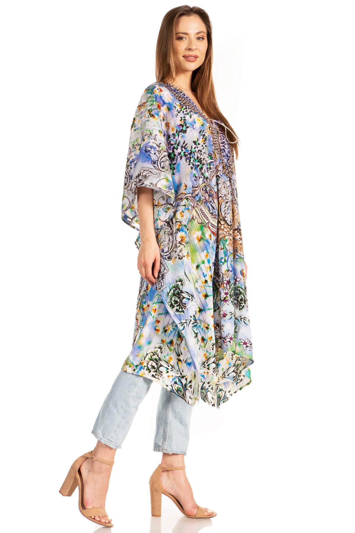 Sakkas Kristy Long Tall Lightweight Caftan Dress / Cover Up With V-Neck Jewels