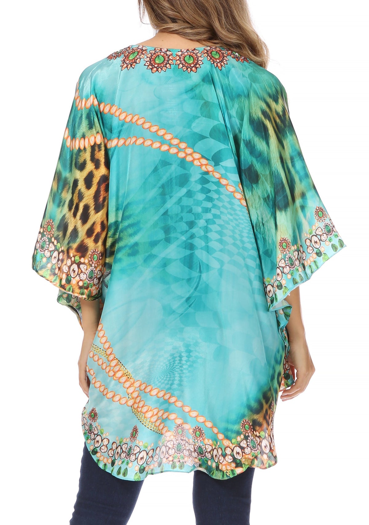 Sakkas Tallulah Wide Circle Blouse V Neck Top With Tassle Ties And Rhinestones