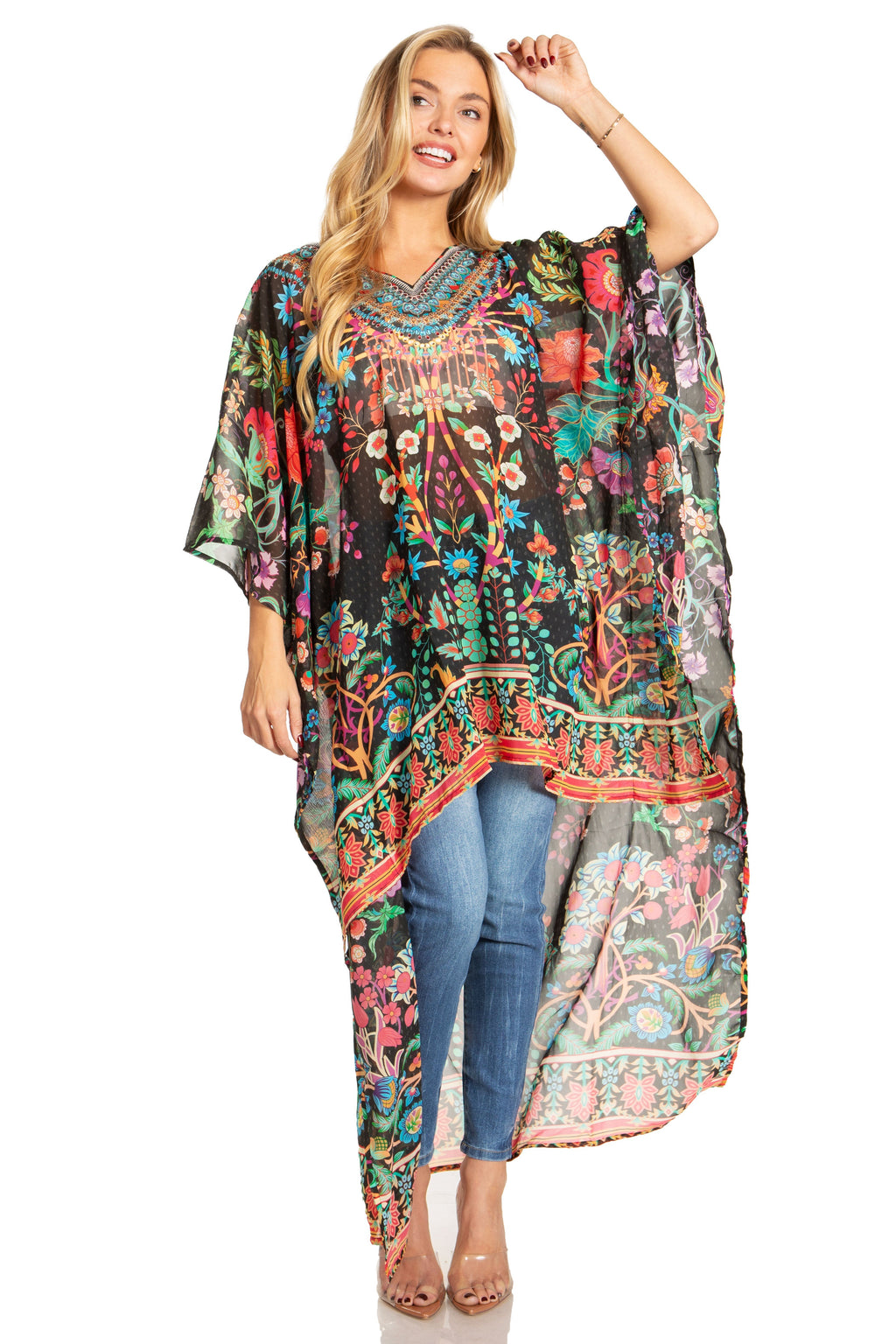 Sakkas Zeke Hi Low V-Neck Caftan Dress Printed Top Cover / Up