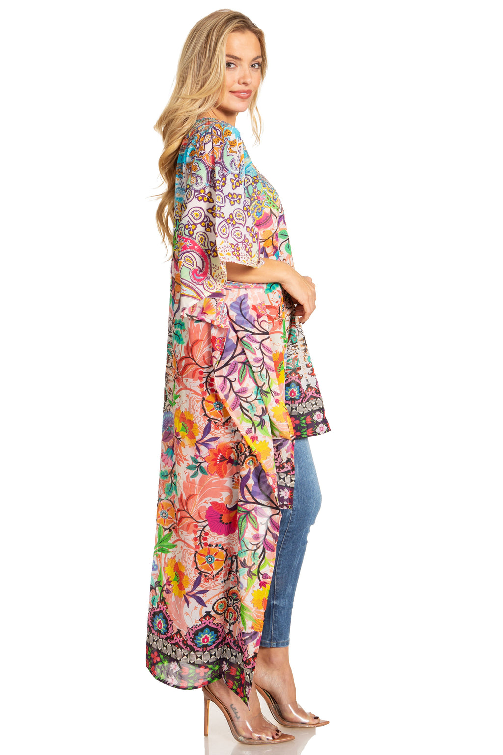 Sakkas Zeke Hi Low V-Neck Caftan Dress Printed Top Cover / Up