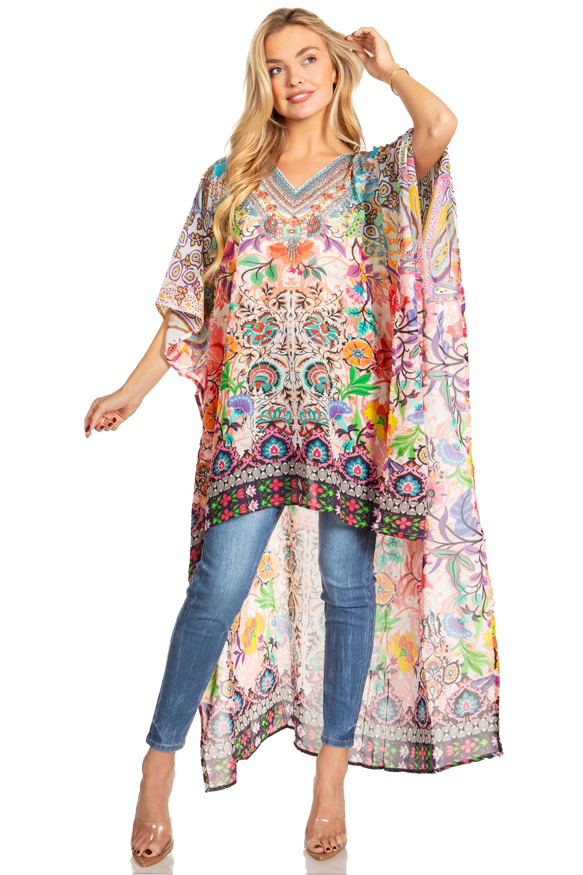 Sakkas Zeke Hi Low V-Neck Caftan Dress Printed Top Cover / Up