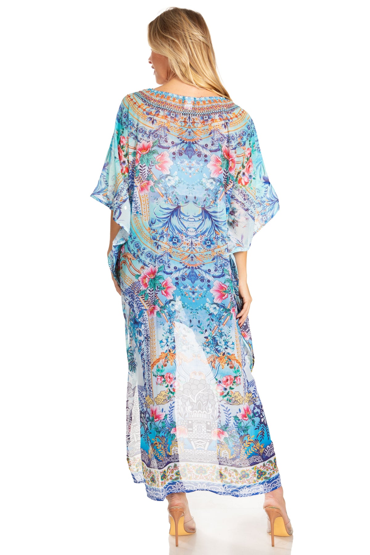 Sakkas Zeke Hi Low V-Neck Caftan Dress Printed Top Cover / Up