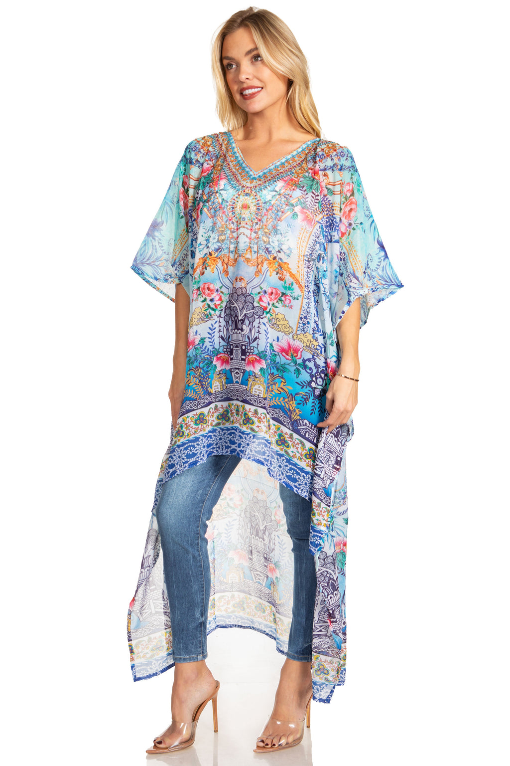 Sakkas Zeke Hi Low V-Neck Caftan Dress Printed Top Cover / Up