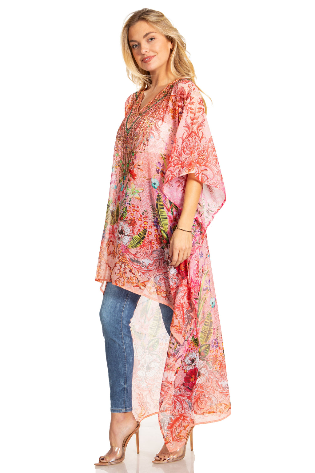 Sakkas Zeke Hi Low V-Neck Caftan Dress Printed Top Cover / Up