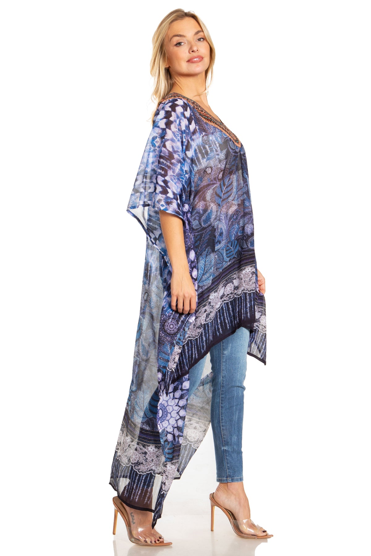 Sakkas Zeke Hi Low V-Neck Caftan Dress Printed Top Cover / Up