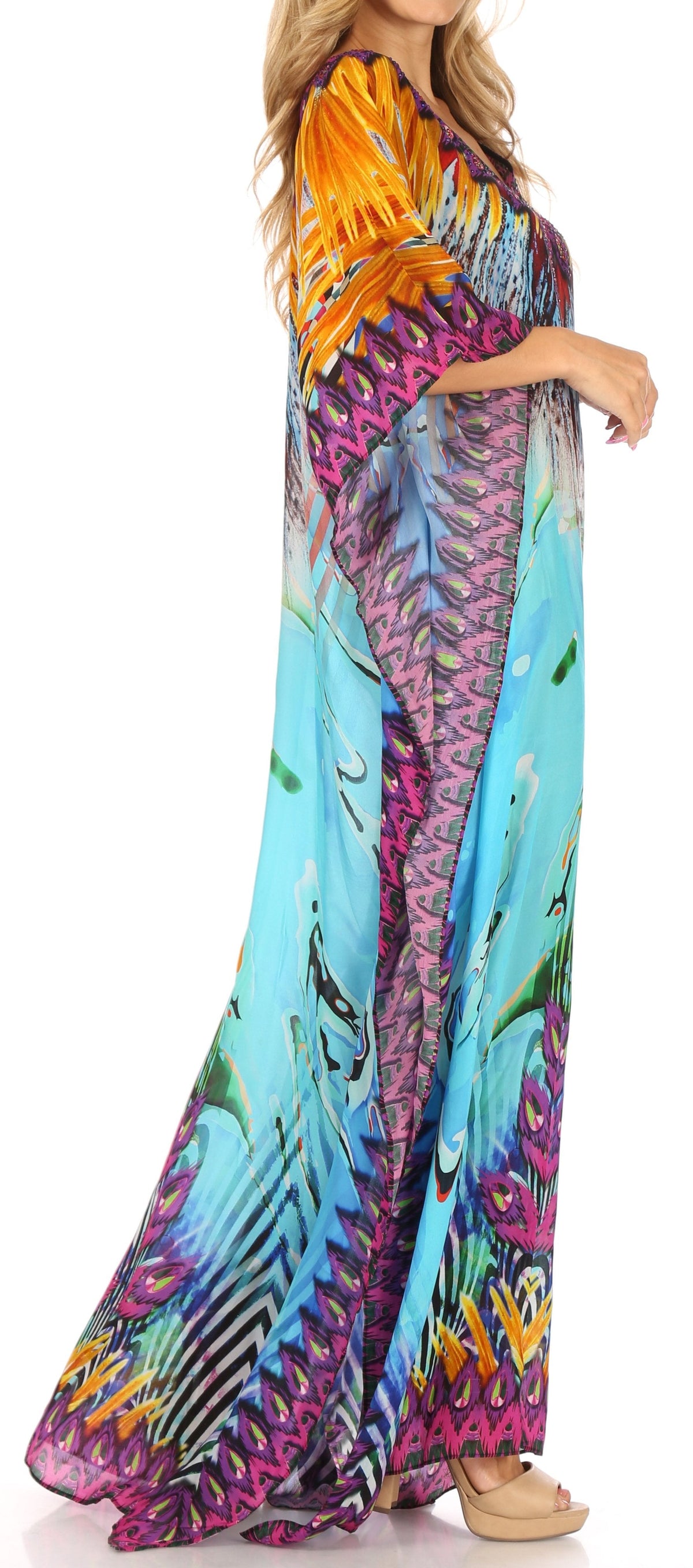 Sakkas Anahi Flowy Design V Neck Long Caftan Dress / Cover Up With Rhinestone