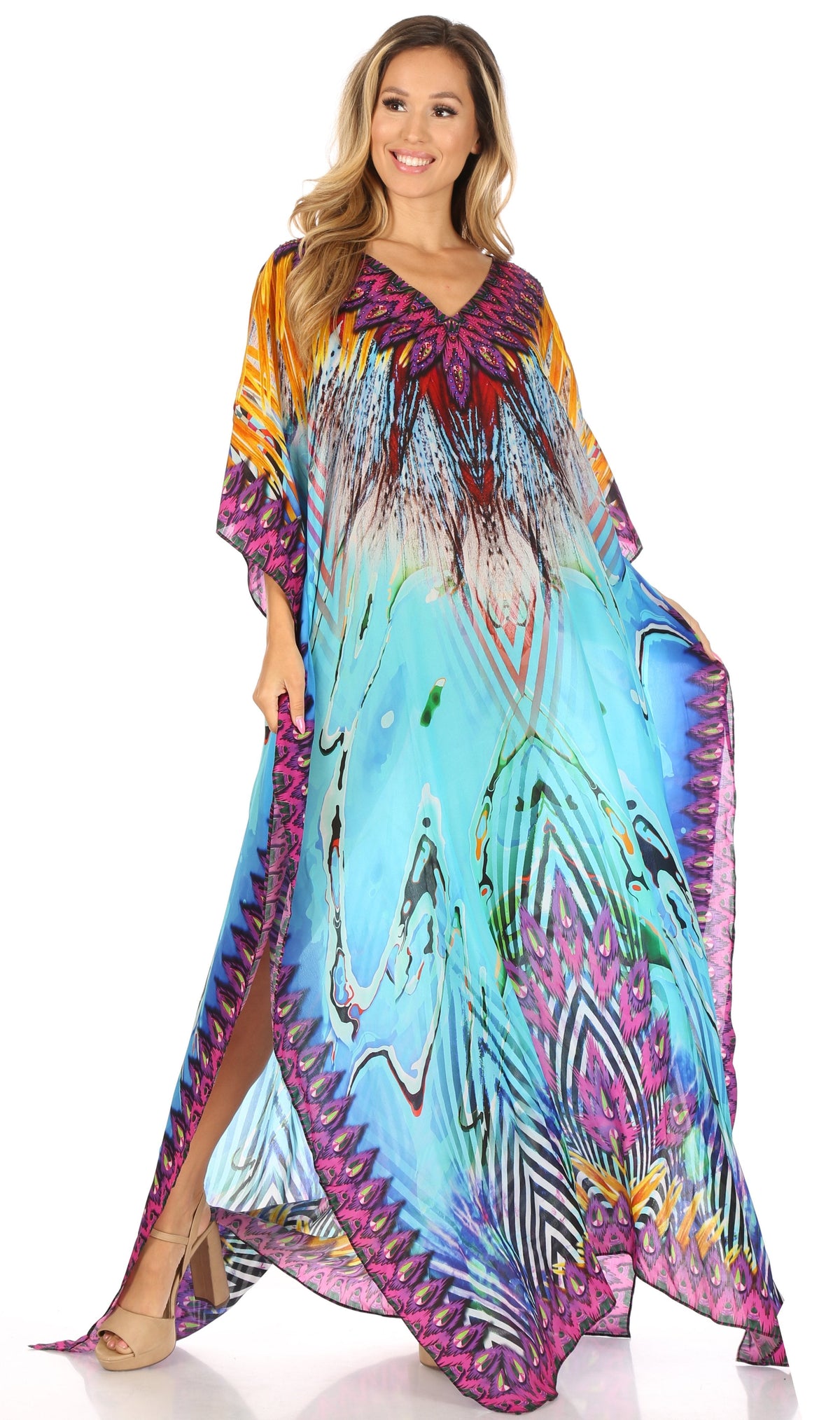 Sakkas Anahi Flowy Design V Neck Long Caftan Dress / Cover Up With Rhinestone
