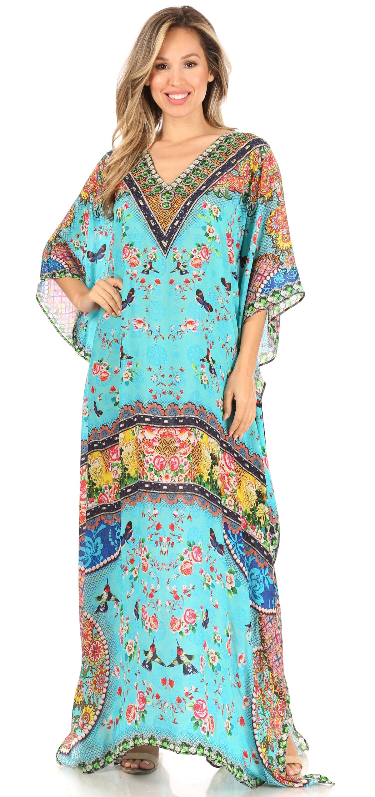 Sakkas Anahi Flowy Design V Neck Long Caftan Dress / Cover Up With Rhinestone