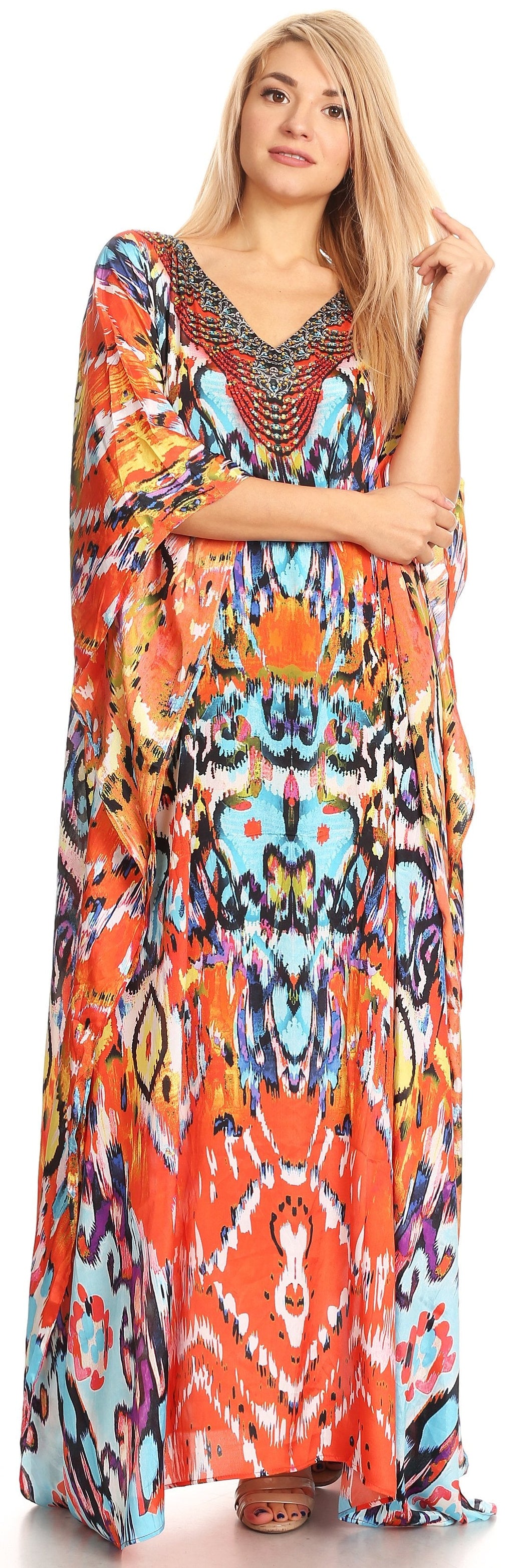 Sakkas Anahi Flowy Design V Neck Long Caftan Dress / Cover Up With Rhinestone