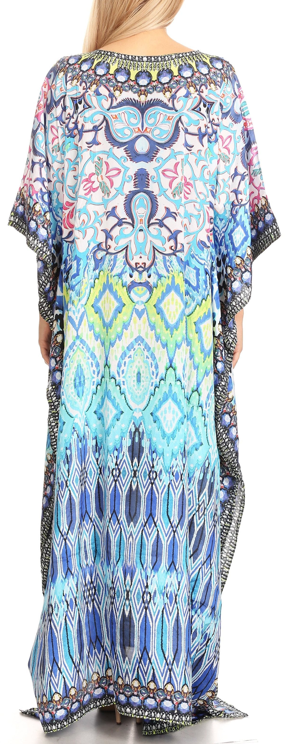 Sakkas Anahi Flowy Design V Neck Long Caftan Dress / Cover Up With Rhinestone