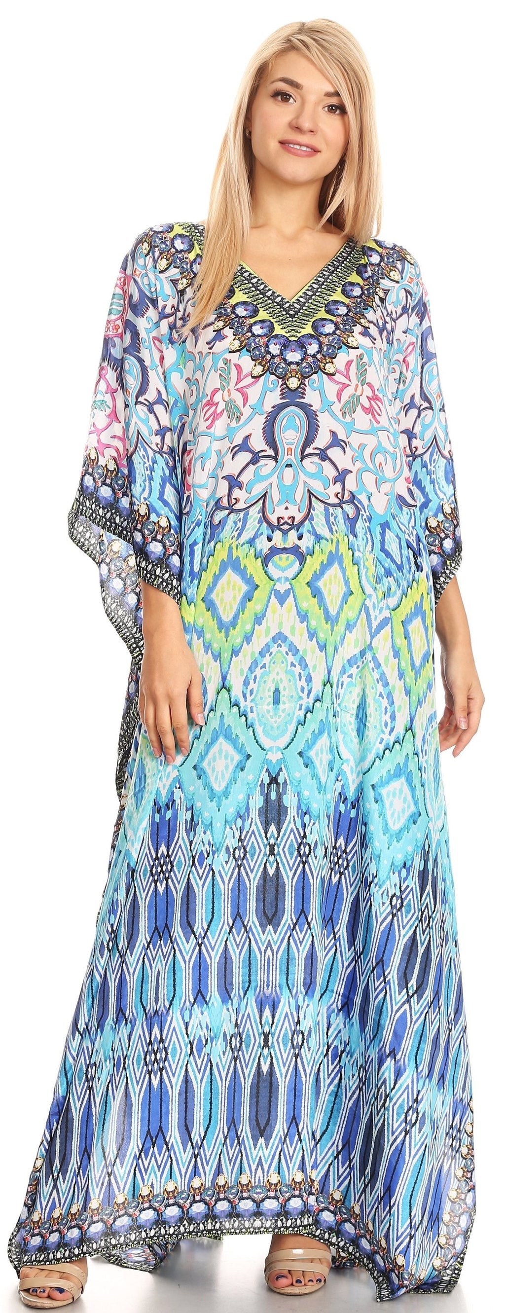 Sakkas Anahi Flowy Design V Neck Long Caftan Dress / Cover Up With Rhinestone