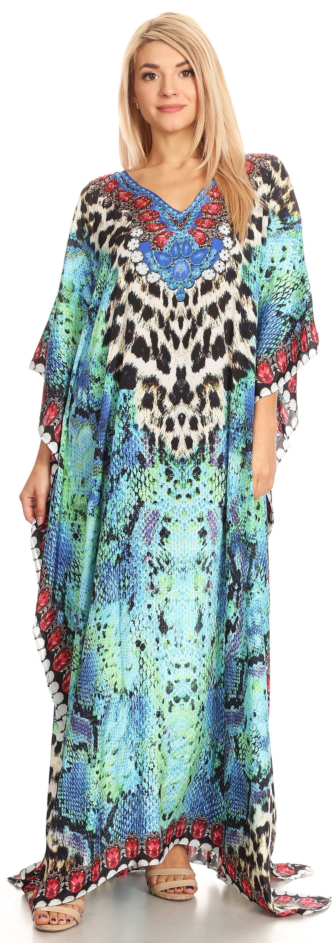 Sakkas Anahi Flowy Design V Neck Long Caftan Dress / Cover Up With Rhinestone