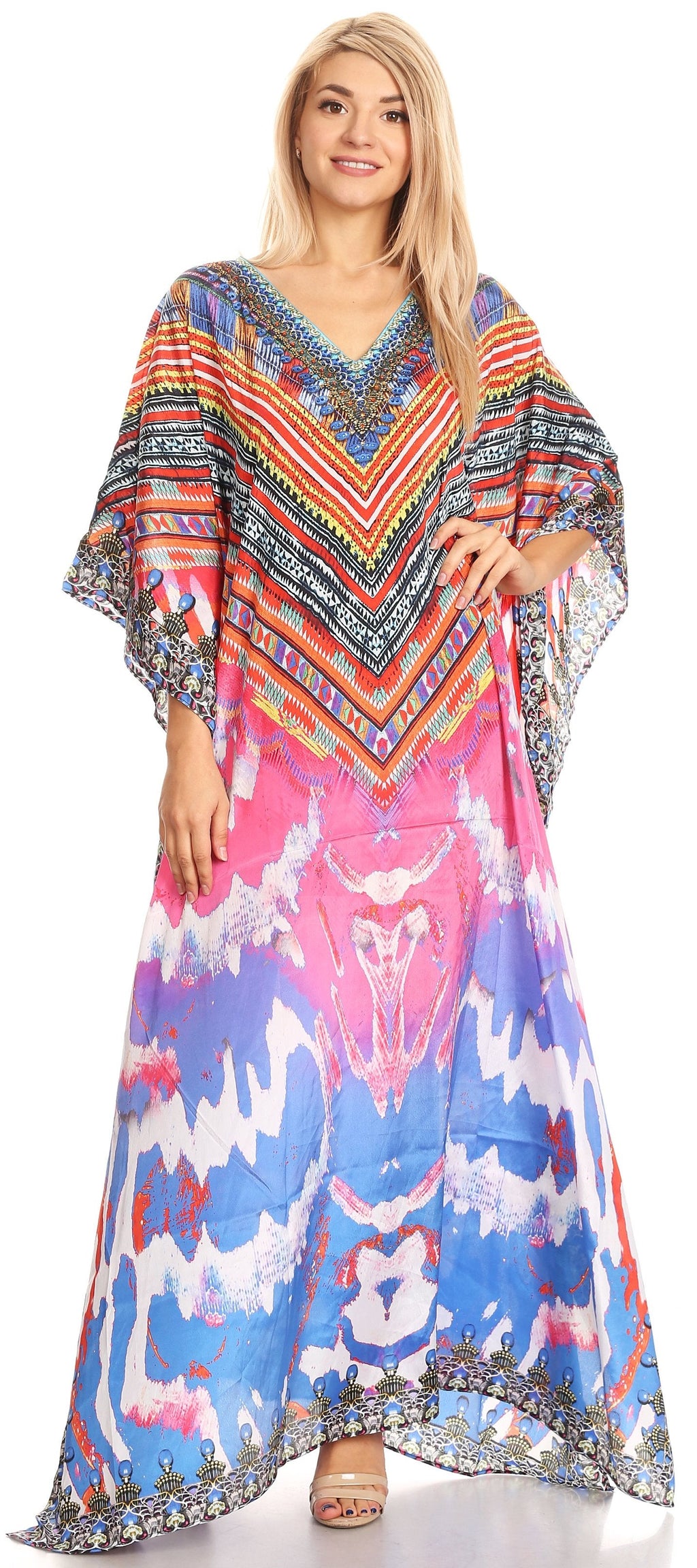 Sakkas Anahi Flowy Design V Neck Long Caftan Dress / Cover Up With Rhinestone