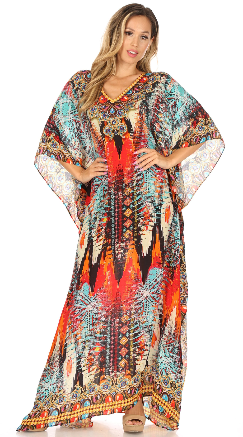 Sakkas Anahi Flowy Design V Neck Long Caftan Dress / Cover Up With Rhinestone