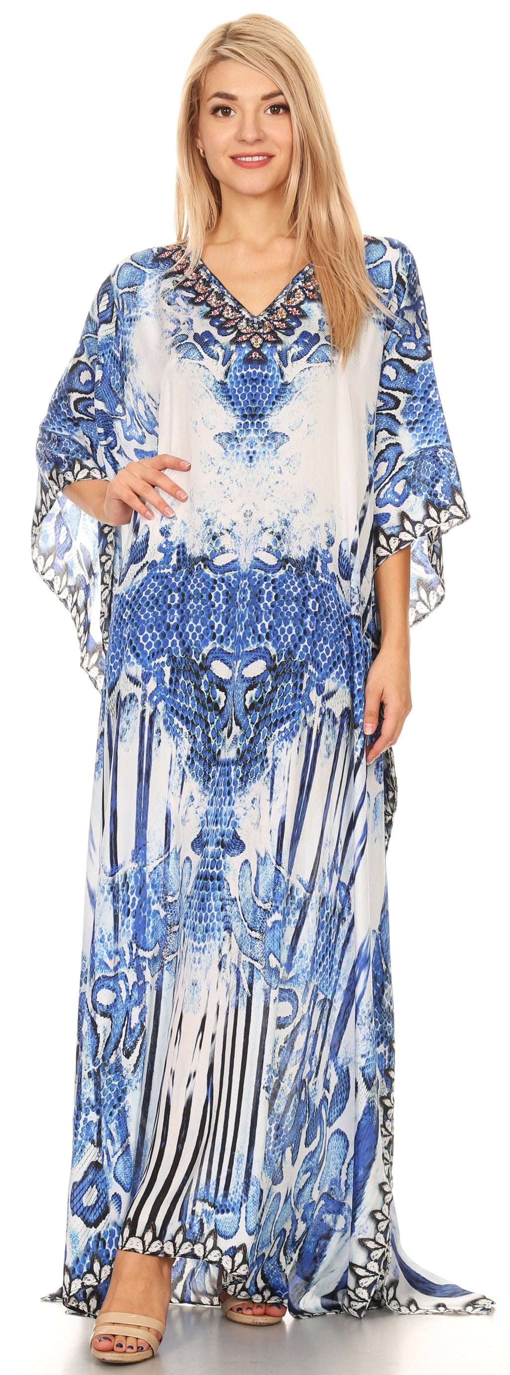 Sakkas Anahi Flowy Design V Neck Long Caftan Dress / Cover Up With Rhinestone
