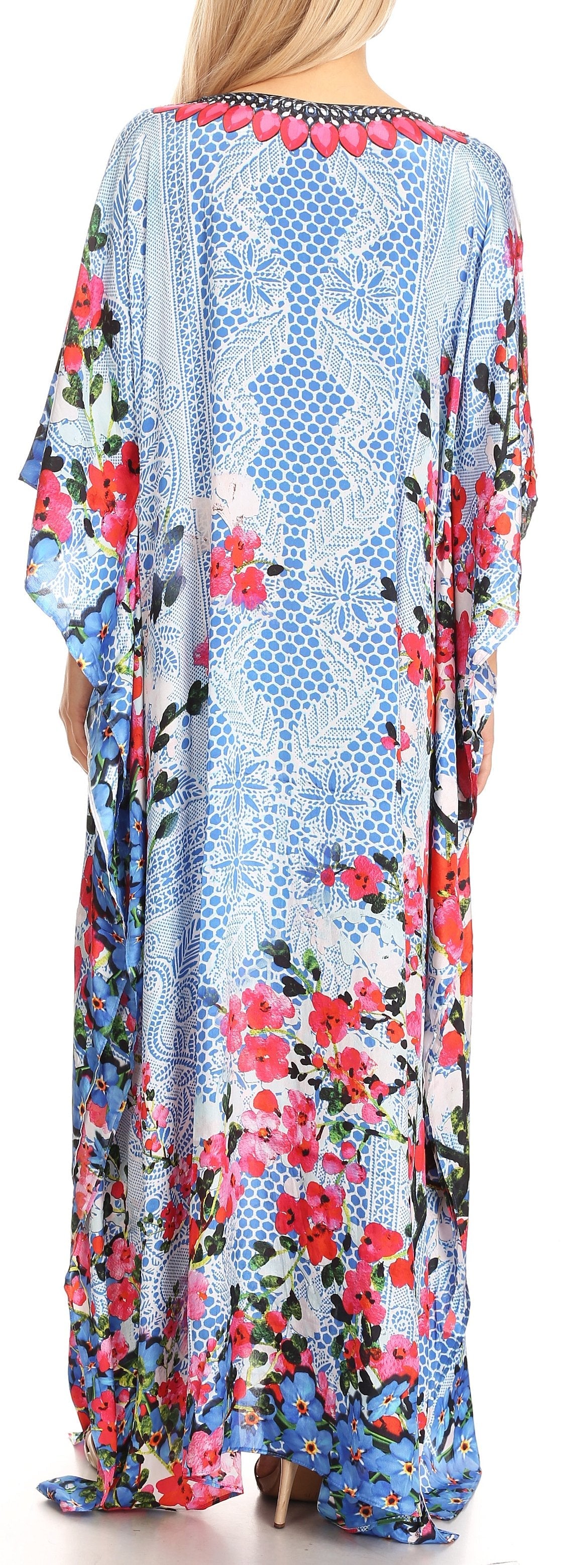 Sakkas Anahi Flowy Design V Neck Long Caftan Dress / Cover Up With Rhinestone