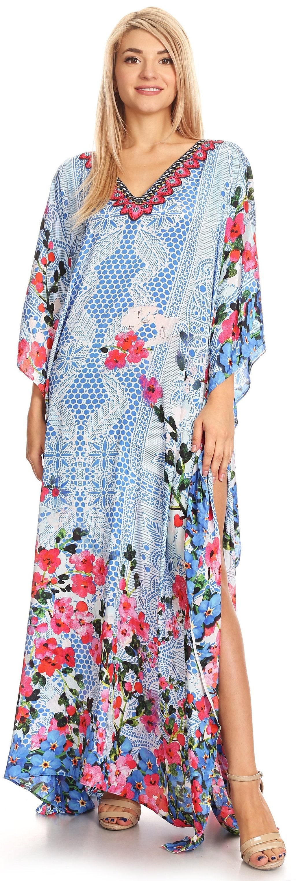 Sakkas Anahi Flowy Design V Neck Long Caftan Dress / Cover Up With Rhinestone