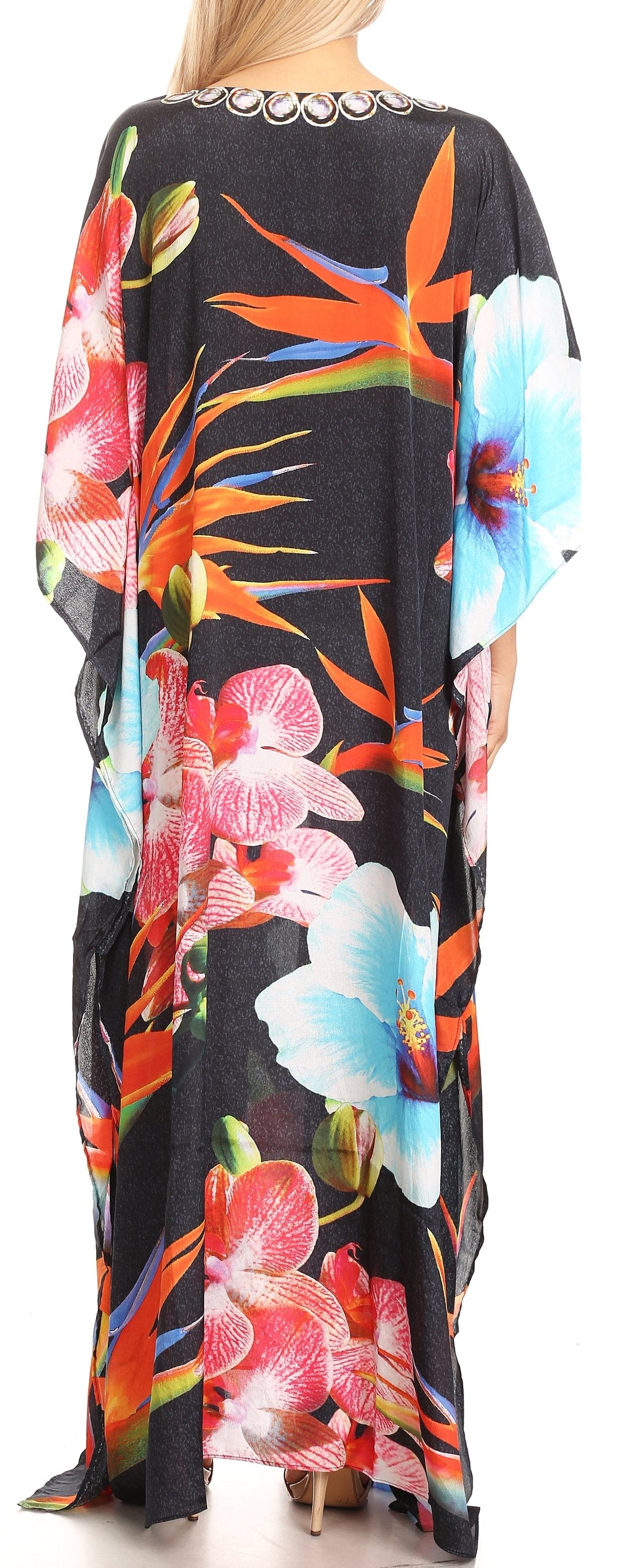 Sakkas Anahi Flowy Design V Neck Long Caftan Dress / Cover Up With Rhinestone