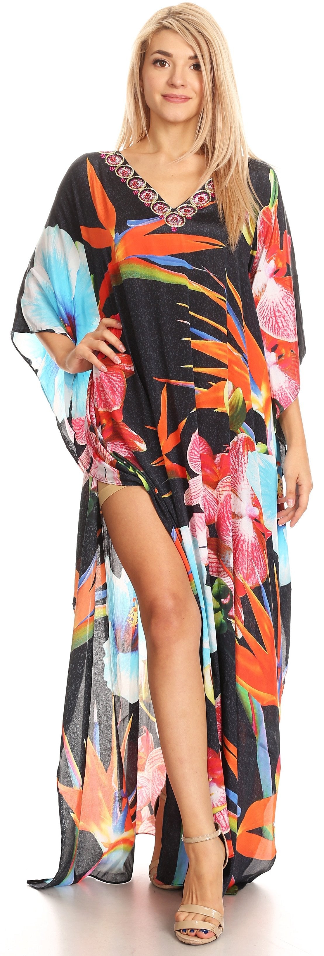 Sakkas Anahi Flowy Design V Neck Long Caftan Dress / Cover Up With Rhinestone