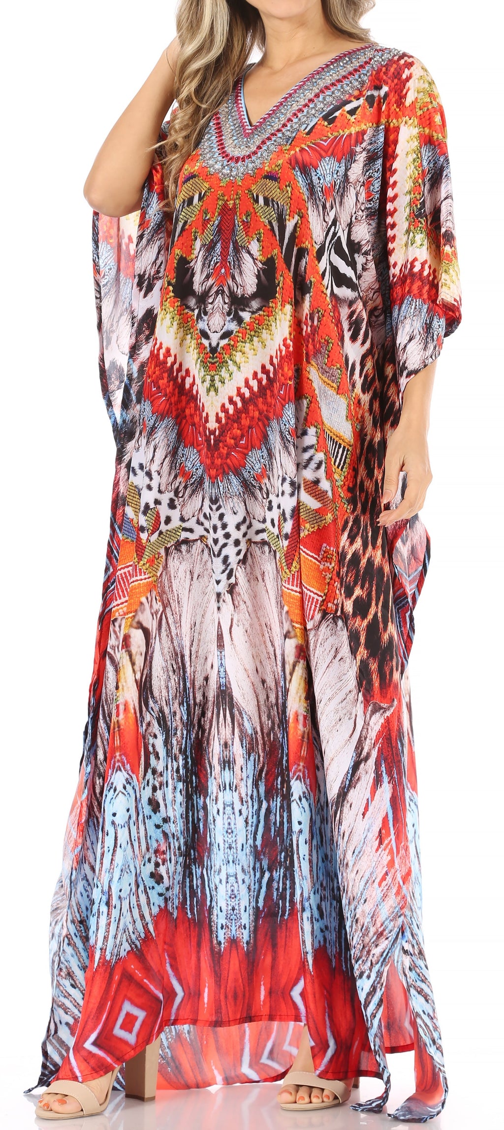 Sakkas Anahi Flowy Design V Neck Long Caftan Dress / Cover Up With Rhinestone