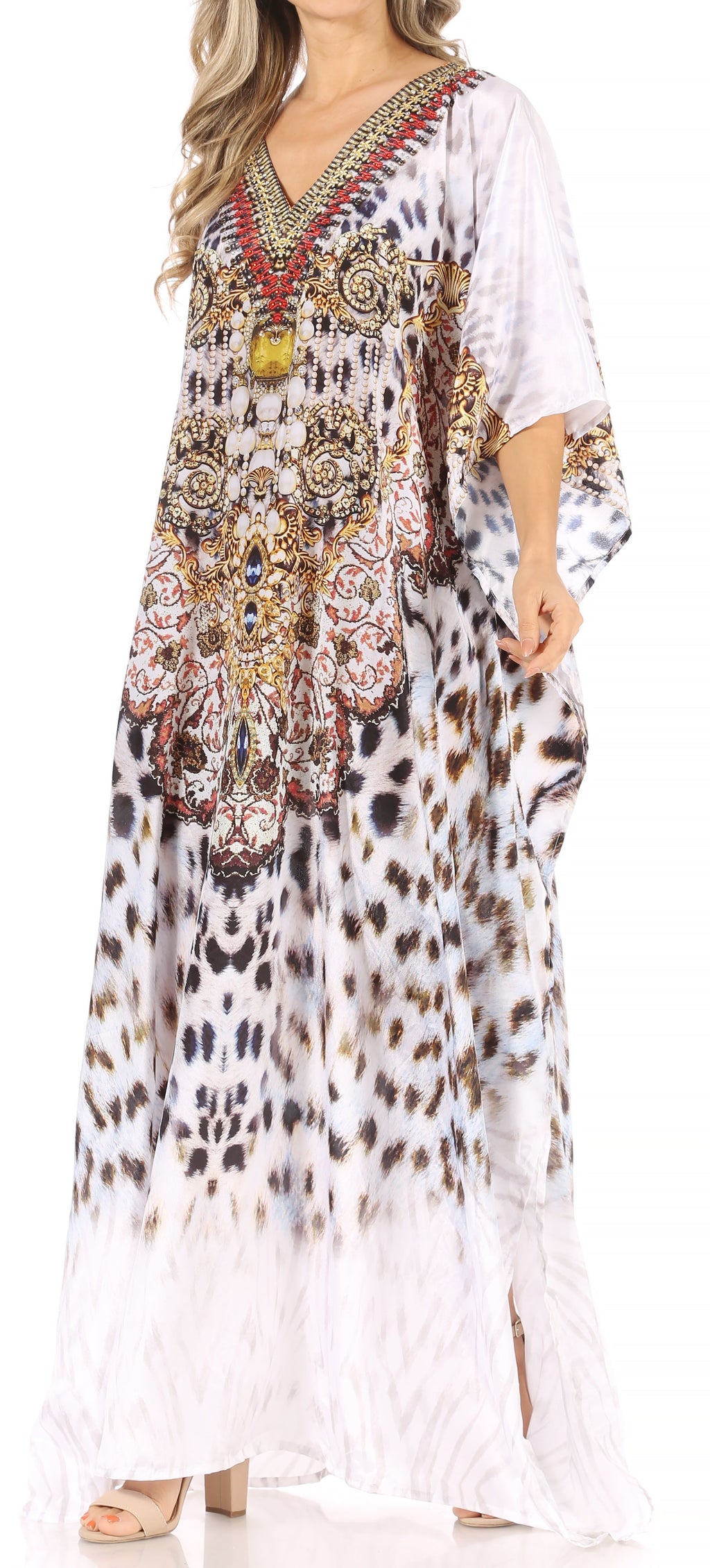 Sakkas Anahi Flowy Design V Neck Long Caftan Dress / Cover Up With Rhinestone