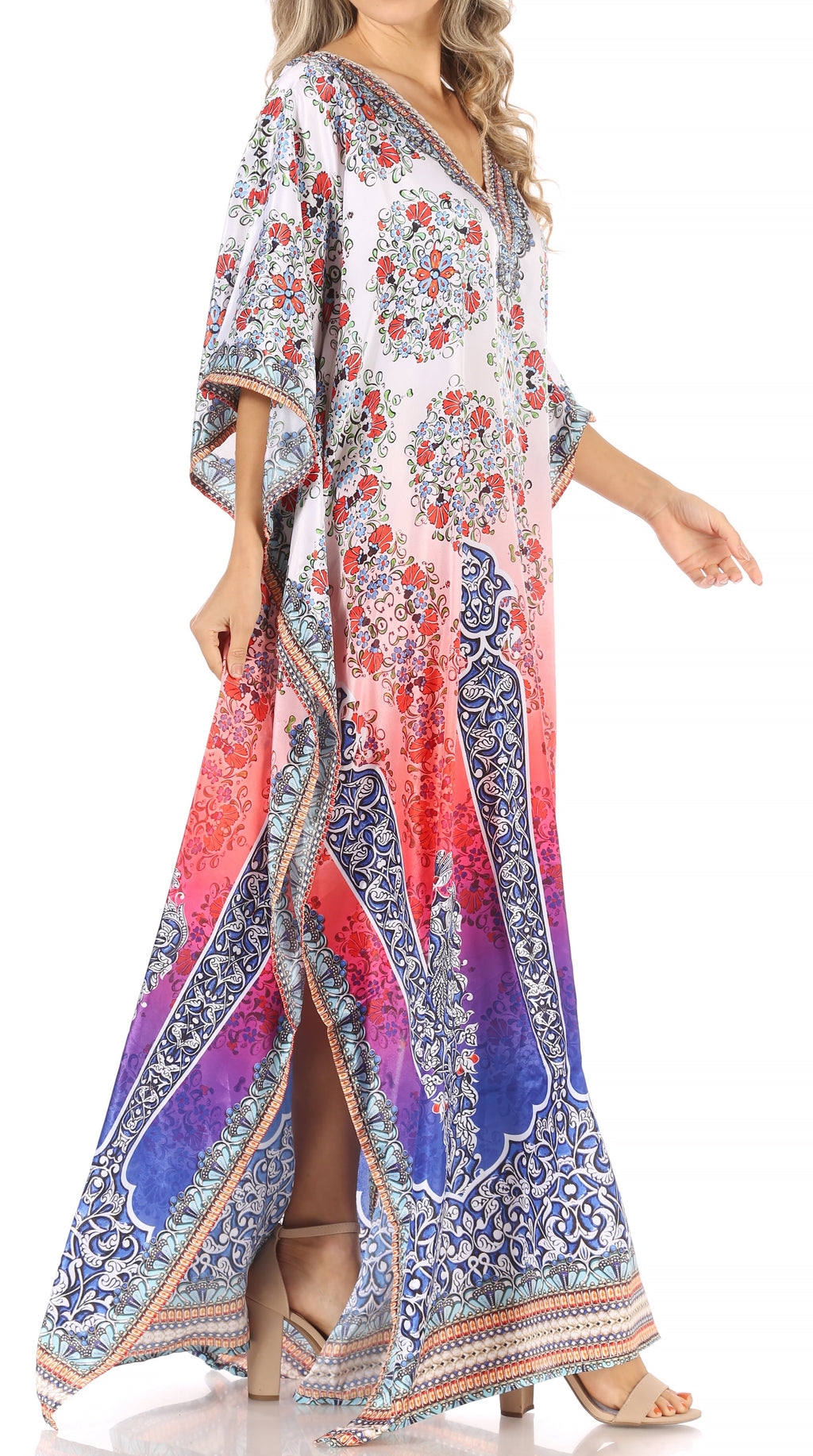 Sakkas Anahi Flowy Design V Neck Long Caftan Dress / Cover Up With Rhinestone