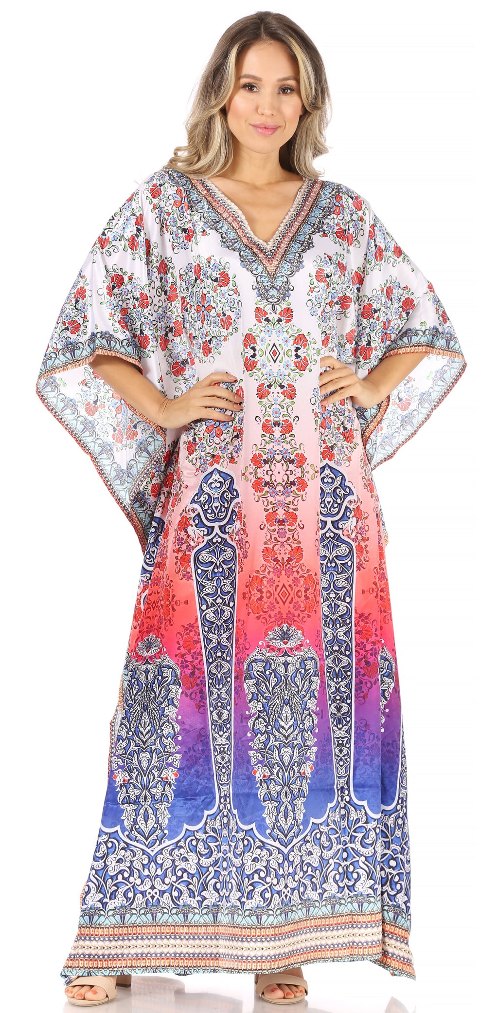 Sakkas Anahi Flowy Design V Neck Long Caftan Dress / Cover Up With Rhinestone