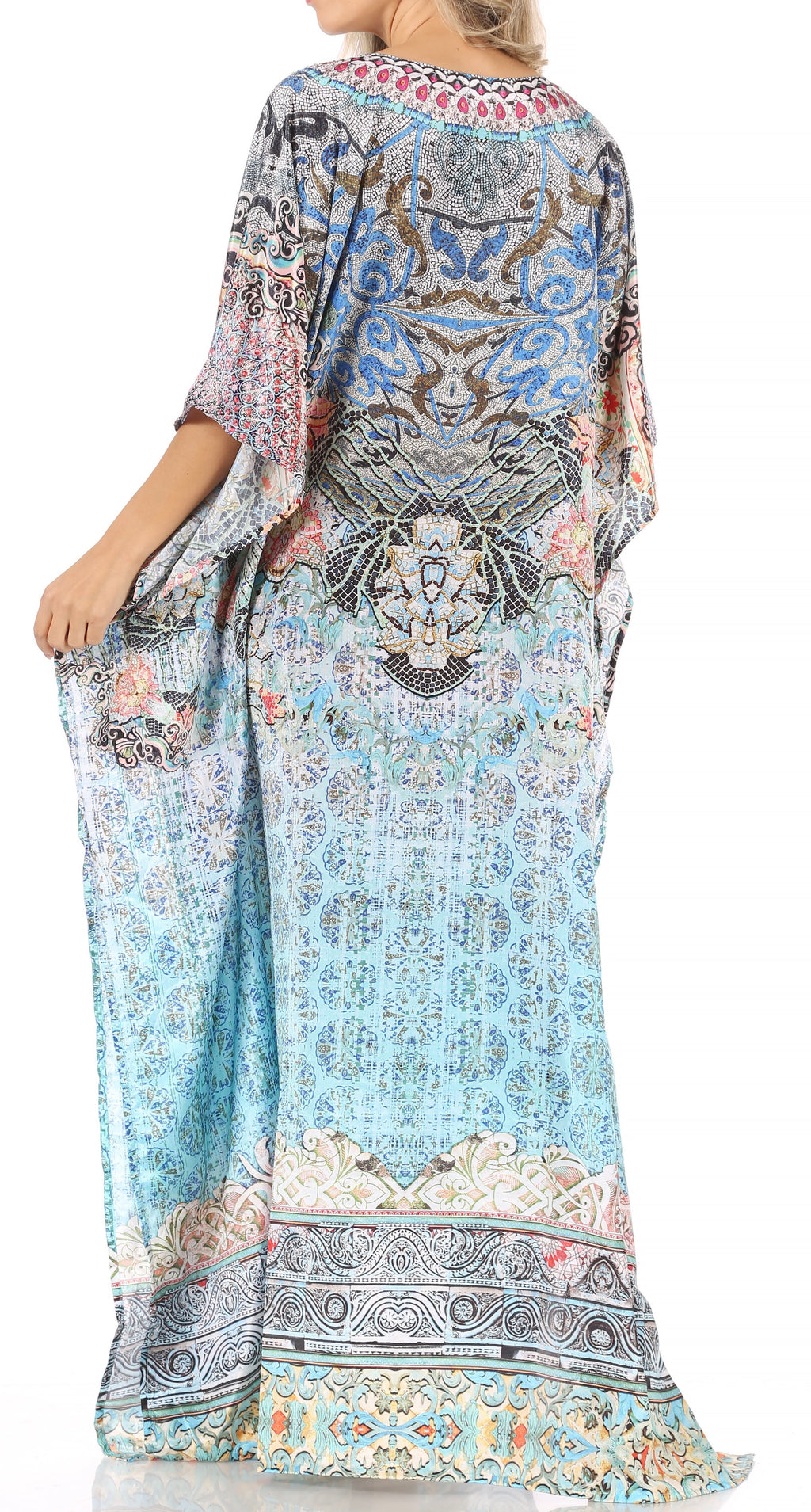 Sakkas Anahi Flowy Design V Neck Long Caftan Dress / Cover Up With Rhinestone