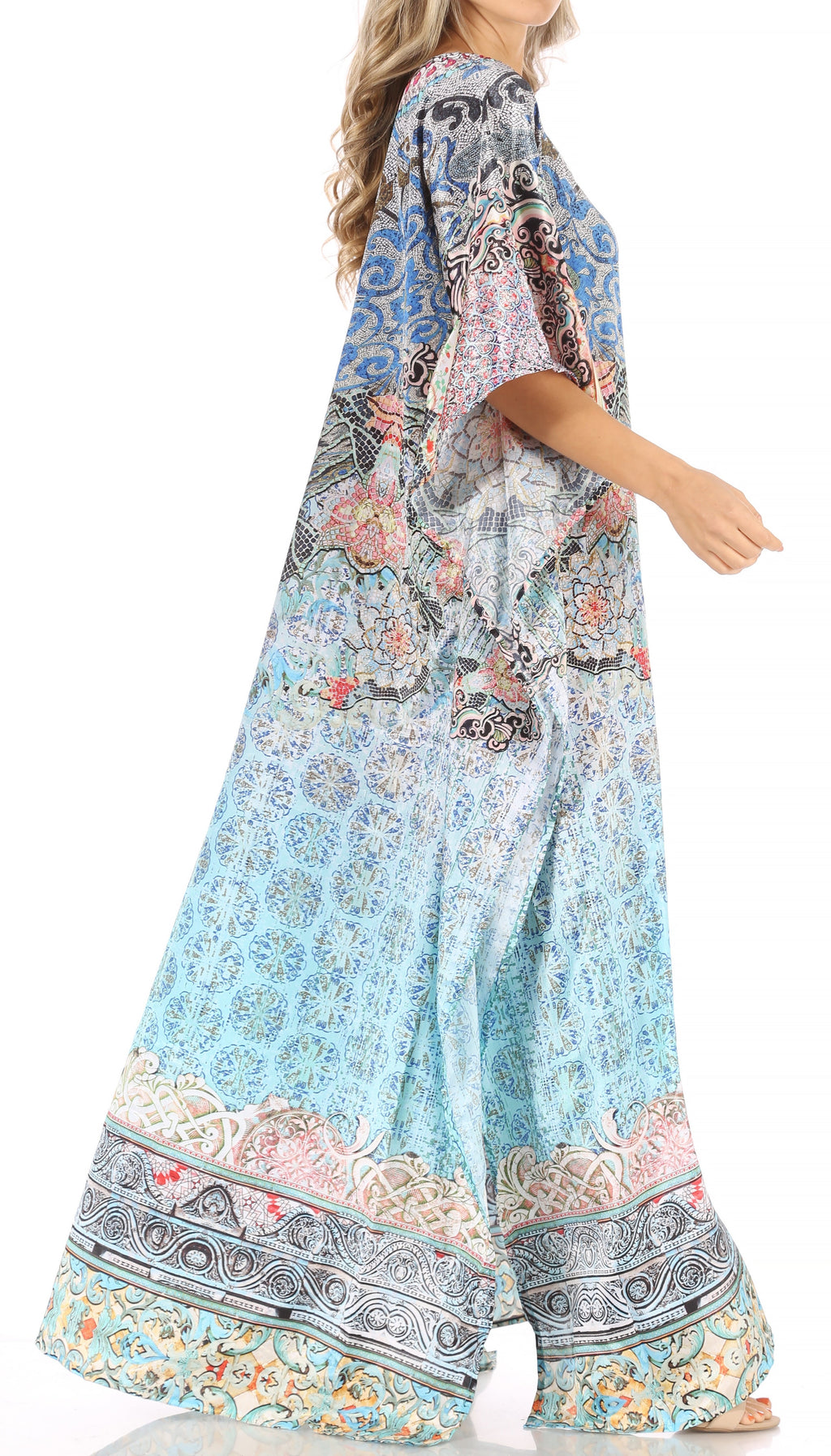 Sakkas Anahi Flowy Design V Neck Long Caftan Dress / Cover Up With Rhinestone